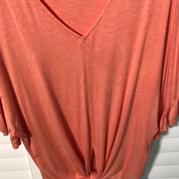 Max Studio coral/orange v-neck ruffle sleeve top with tie front - Size Large - Picture 2 of 10